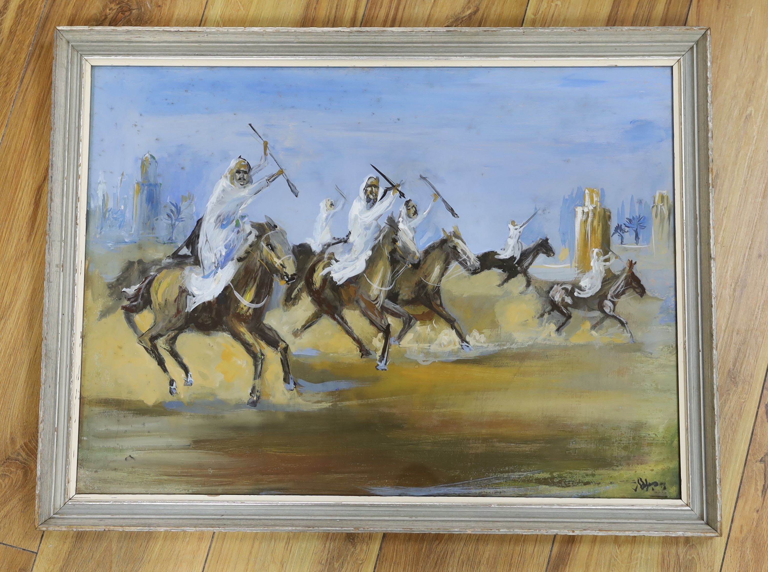 North African School, gouache, Arab warriors on horseback, 43 x 58cm